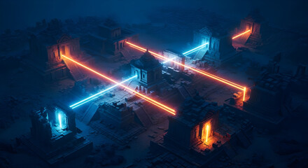 Futuristic temple ruins illuminated by neon laser beams
