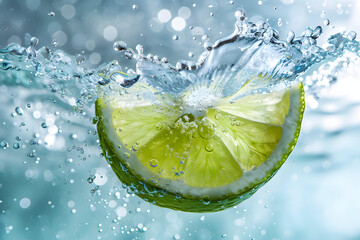Lime Slice Plunging into Sparkling Water Creating a Refreshing Splash
