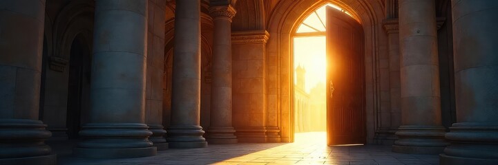 A slightly open door reveals a sunlit church interior, suggesting a welcoming entry into faith  The scene evokes peace, hope, and a spiritual journey ,  eternity,  architecture