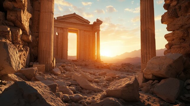 Sunset illuminates ancient desert ruins with broken columns and scattered stones