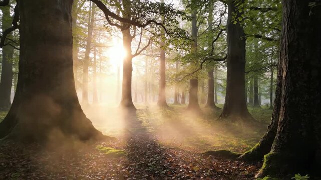 Slow motion mist gently rolling through a tranquil, ancient forest at dawn dreamy, scenic, nature