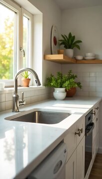 Sparkling Clean Kitchen Sunlight Drenched Countertops, Gleaming Appliances, and Perfectly Tidy Dishes Reflecting Freshness and Hygienic Housekeeping