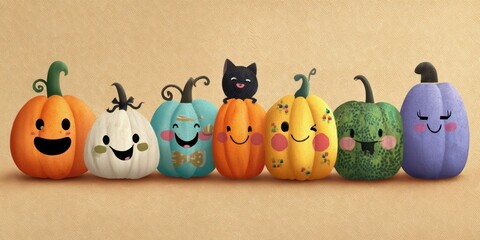 A row of seven pumpkins with various colors and expressions, standing on a beige background with a textured surface.