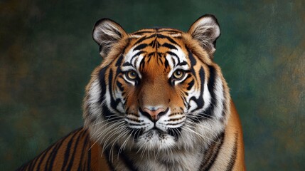 Naklejka premium Majestic tiger portrait showcases the stunning beauty and striking features of this powerful big cat in a soft, muted background