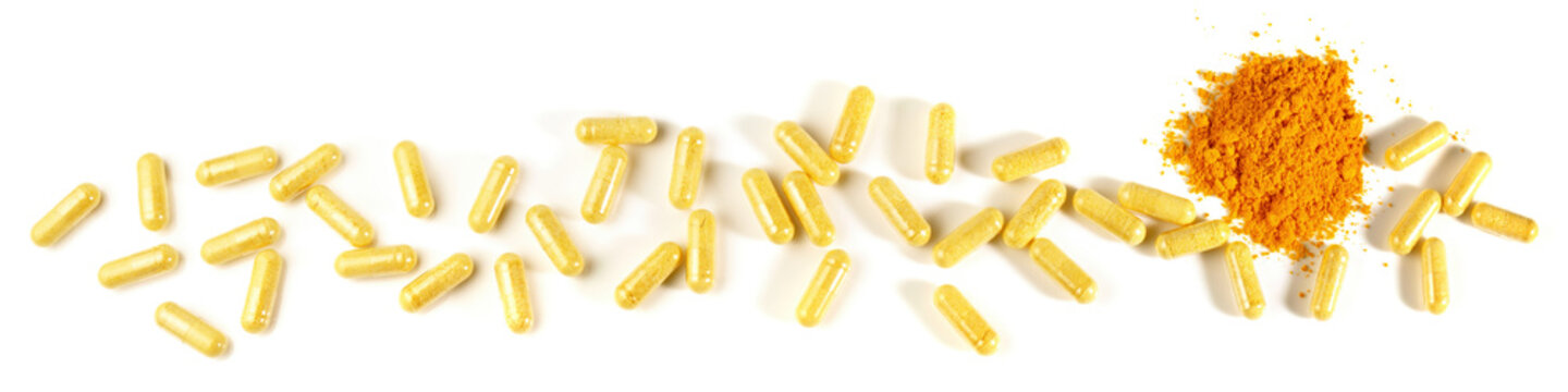 Food and Health - Vitamin B Capsules and Powder Panorama isolated on white Background  - Healthy Nutrition