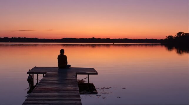 Minnesota Dock. Sunset Silhouette of Woman Fishing on Calm Lake Shore - Powered by Adobe