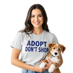 A young woman with long dark hair smiles as she holds a small puppy, both looking at the camera. She's wearing a t-shirt