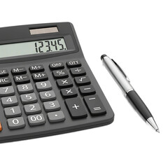 An angled image depicts a calculator with the number 12345 displayed on its screen and a pen beside it. Black background