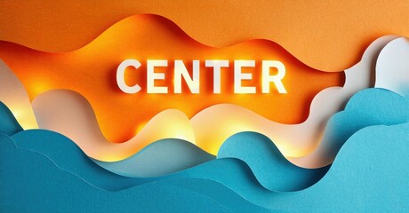 Abstract paper cut waves. Orange, blue hues create dynamic composition. Text CENTER prominently displayed, central focus.