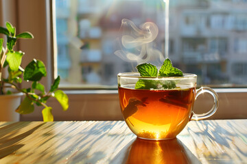 Herbal Tea in Glass Cup with Mint Leaves and Rising Steam