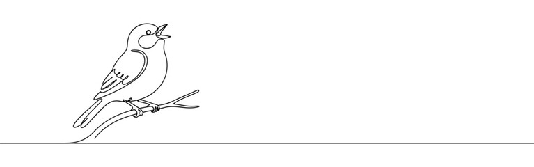 Obraz premium Minimalist continuous line art of a singing bird perched on a branch, perfect for elegant designs.