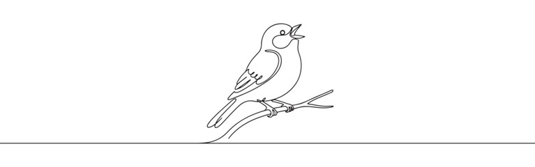Minimalist continuous line art of a singing bird perched on a branch, perfect for elegant designs.