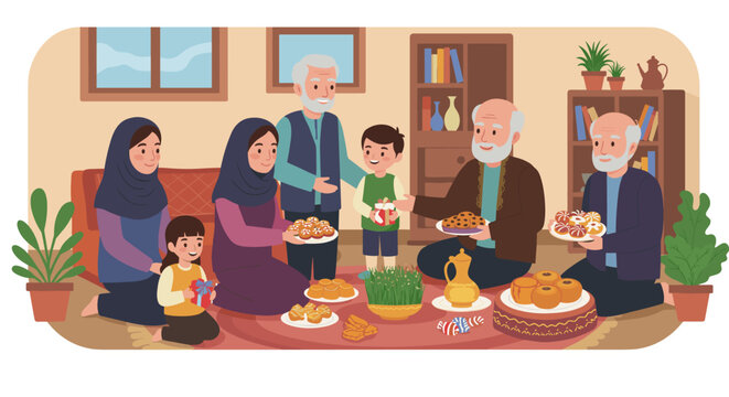 Family celebrating persian new year with traditional sweets in a cozy home setting