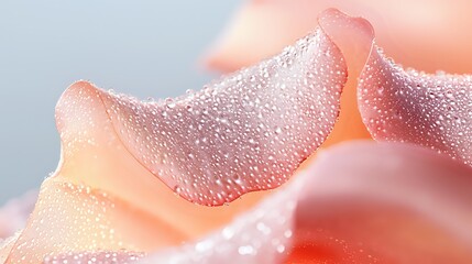 Fototapeta premium Delicate pink rose petals with morning dew drops in macro photography, showing natural water condensation on soft floral surface. Romantic and fresh botanical close-up.