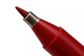 Red felt-tip pen showing its fibrous tip, excellent for writing, drawing, or marking. Transparent background