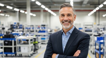 Fototapeta premium Professional smiling man stands confidently in a modern manufacturing facility during daytime