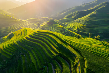 Lush Green Terraced Rice Fields in Vietnam at Sunset Offering Breathtaking Scenery