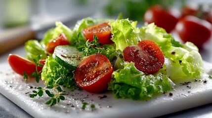 High-resolution image of freshly chopped salad on a white plate with vibrant colors and ingredients