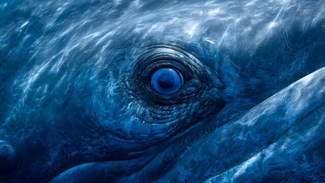 Close-up of a blue whale eye underwater, with wrinkled blue skin surrounding a dark pupil. Concept Underwater close-up of a blue whale eye, Wrinkled blue skin around the eye