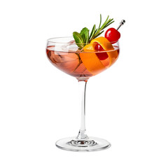 An elegant coupe glass filled with a pink-hued cocktail, garnished with orange peel, herbs, and a cherry