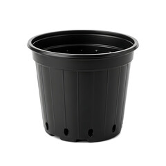 An empty, black, cylindrical container with ridged sides and drainage holes. It is presented on a solid black background