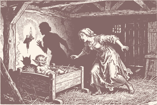 A horrified peasant woman discovers a demonic changeling and an imp in a cradle. A vintage vector illustration based on dark folklore and fairytales.