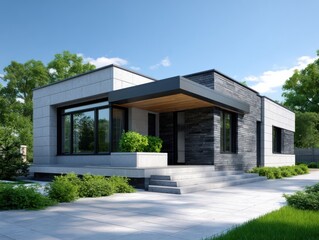 Modern one-story house with sleek design, cozy yard featuring lush greenery and stone pathway, showcasing contemporary architecture and inviting outdoor space