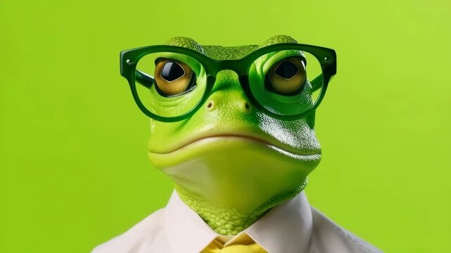 Wise green frog wearing glasses and a yellow tie on a bright green background