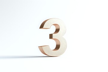 Golden metallic number three standing on white background with soft shadow, minimalist design for counting, mathematics and typography purposes.