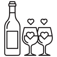 Minimalist Line Art Vector Icon: Wine Bottle and Glasses with Hearts