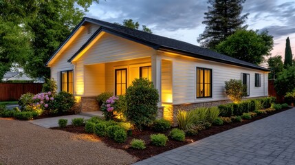 Fototapeta premium Cozy evening shot of a charming one-story cottage illuminated by warm light, surrounded by lush greenery and vibrant flowers, creating a welcoming atmosphere for relaxation and comfort