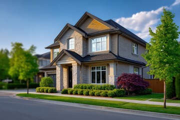 Obraz premium Dynamic corner shot of two identical modern two-story houses with lush greenery and vibrant landscaping, showcasing contemporary architecture and inviting atmosphere