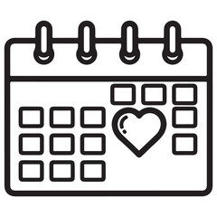 Black Outline Calendar Icon with Heart Shape, Minimalist Design Style