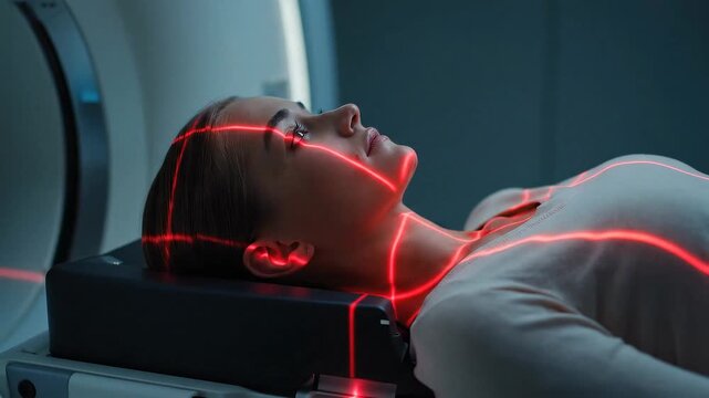 Woman undergoing brain MRI scan with red laser alignment in modern medical imaging machine.