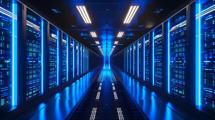 Futuristic Server Room with Glowing Blue Lights and Network Infrastructure