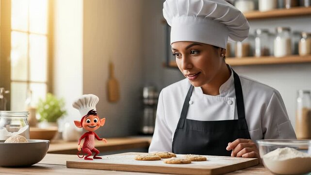 Female chef delights mischievous imp with freshly baked cookie in cozy kitchen