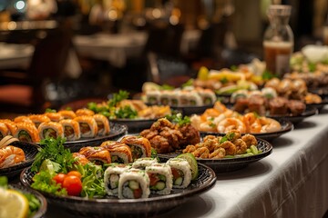 : Majestic Sushi and Asian Delicacies Buffet Platter, Offering a Rich Variety of Fresh Rolls, Shrimp, and Tempura in an Elegant Restaurant Setting.