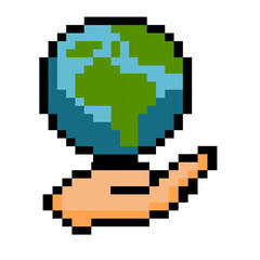 Obraz premium Pixel Art Hand Holding Earth