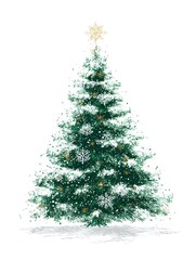 Obraz premium Festive evergreen Christmas tree adorned with golden stars, delicate snowflakes, and snow dusting on branches against white background, isolated for holiday designs.