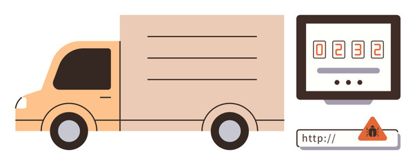 Delivery truck next to a digital counter display and error alert over URL link. Ideal for logistics, cybersecurity, e-commerce, technology, error management, fleet monitoring, online risks. Simple