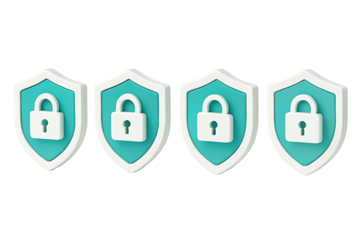 Four modern security shields with padlocks showcase data protection, cybersecurity, and reliable access control for business and personal safety online, providing peace of mind