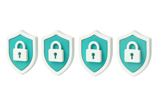 Four modern security shields with padlocks showcase data protection, cybersecurity, and reliable access control for business and personal safety online, providing peace of mind - Powered by Adobe