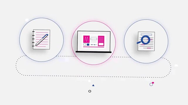 Animated interface showing UX design process with connected modules and system workflow