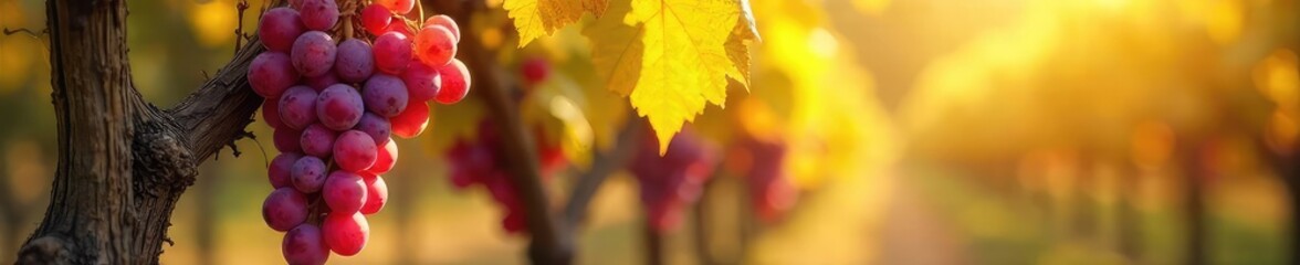 Sun-Drenched Autumn Grapes Ripe Clusters Hanging Heavy on the Vine, Ready for Harvest.  A Picturesque Countryside Scene of Abundant Natures Bounty.