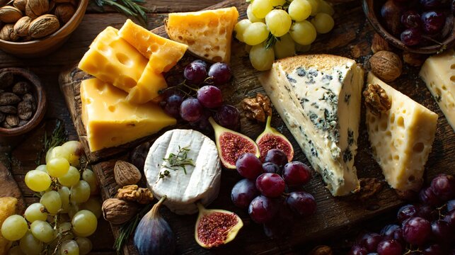 An overhead shot of festive cheese board with grapes and figs, rustic wooden table, warm lighting