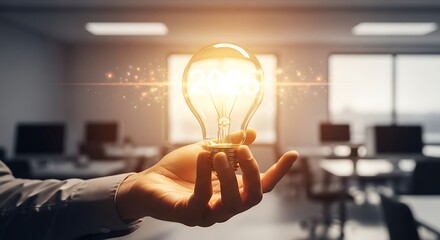 Hand holding a glowing lightbulb symbolizing a new idea in an office.