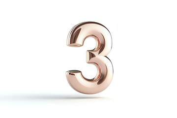 Fototapeta premium Rose gold metallic number three floating on white background with soft shadow, isolated design element for creative projects and typography.