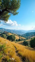 Fototapeta premium Sun-drenched Spanish countryside, rolling hills dotted with olive trees under a vibrant blue sky Perfect for travel, tourism, and Mediterranean lifestyle projects , landscape, countryside