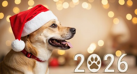 Cute happy dog in red christmas hat, side view, with numbers 2026 and paw print on festive background with copy space. New Year's and Xmas card or banner for vet clinics and grooming salons