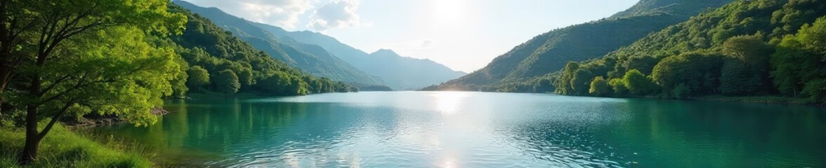 Serene Summer Reservoir Sparkling Water, Lush Hills, and Tranquil Trees Perfect for Relaxation and Outdoor Adventures